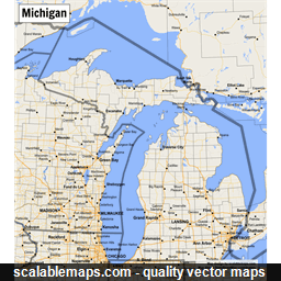 A map of Michigan with major places, roads and county borders