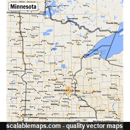 A map of Minnesota with major places, roads and county borders