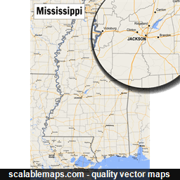 A map of Mississippi with major places, roads and county borders