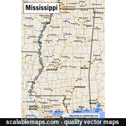 A map of Mississippi with major places, roads and county borders