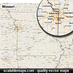 A map of Missouri with major places, roads and county borders
