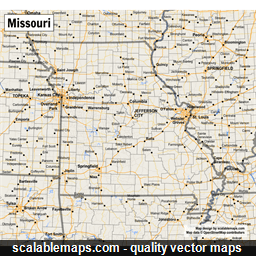 A map of Missouri with major places, roads and county borders