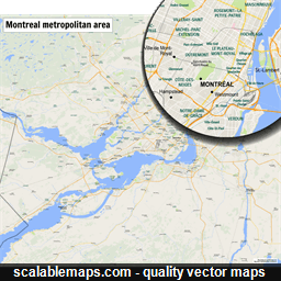 A map of the Montreal metropolitan area with major places and roads