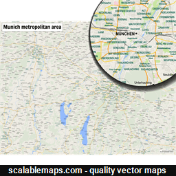 A map of area around Munich (München) and Augsburg with major places and roads