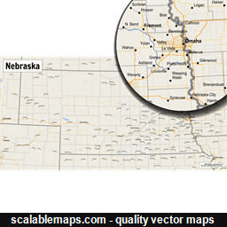 A map of Nebraska with major places, roads and county borders