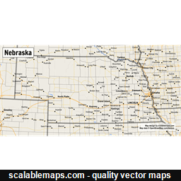 A map of Nebraska with major places, roads and county borders