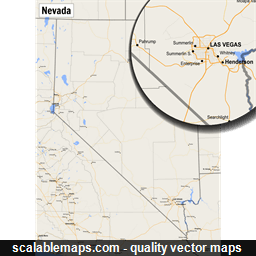 A map of Nevada with major places, roads and county borders