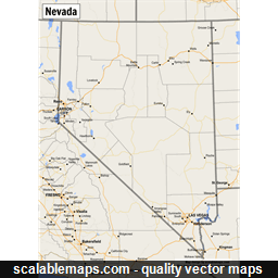 A map of Nevada with major places, roads and county borders