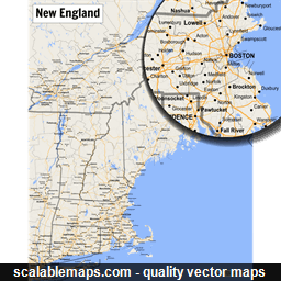 A map of New England (Connecticut, Maine, Massachusetts, New Hampshire, Rhode Island and Vermont) with major places, roads and county borders