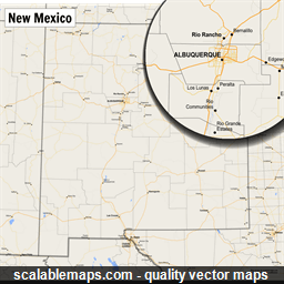 A map of New Mexico with major places, roads and county borders