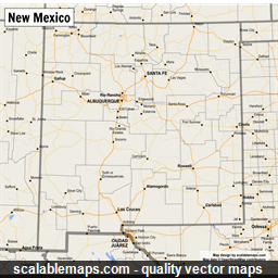 A map of New Mexico with major places, roads and county borders
