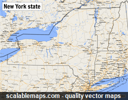 A map of New York state with major places, roads and county borders
