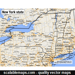 A map of New York state with major places, roads and county borders