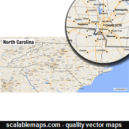 A map of North Carolina with major places, roads and county borders