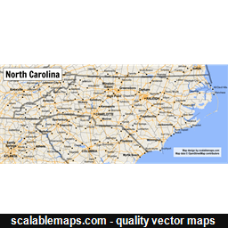 A map of North Carolina with major places, roads and county borders
