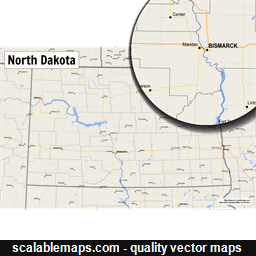 A map of North Dakota with major places, roads and county borders