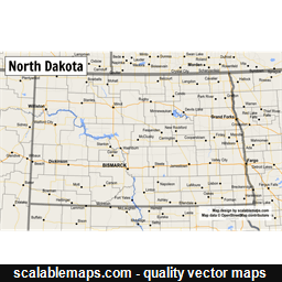 A map of North Dakota with major places, roads and county borders