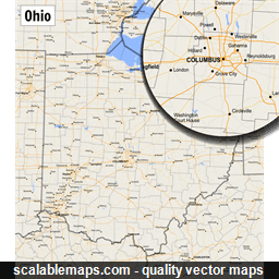 A map of Ohio with major places, roads and county borders