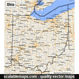 A map of Ohio with major places, roads and county borders
