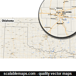 A map of Oklahoma with major places, roads and county borders