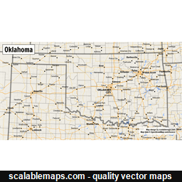 A map of Oklahoma with major places, roads and county borders
