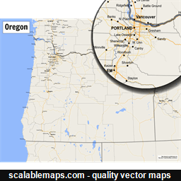 A map of Oregon with major places, roads and county borders
