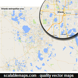 A map of the Orlando metropolitan area with major places and roads