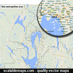 A map of the Oslo metropolitan area with major places and roads