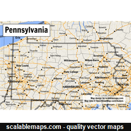 A map of Pennsylvania with major places, roads and county borders