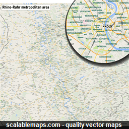 A map of the Rhine-Ruhr metropolitan area with major places and roads