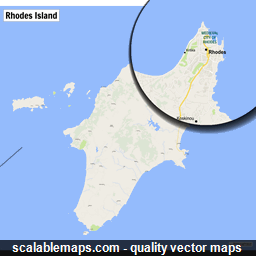 A map of Rhodes island with major places and roads