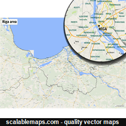 A map of the area around Riga with major places and roads