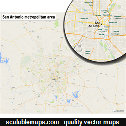 A map of the San Antonio metropolitan area with major places and roads