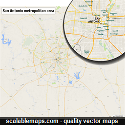 A map of the San Antonio metropolitan area with major places and roads