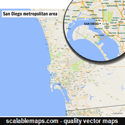 A map of the San Diego metropolitan area with major places and roads