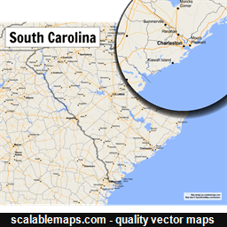 A map of South Carolina with major places, roads and county borders