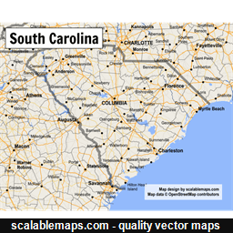 A map of South Carolina with major places, roads and county borders