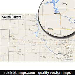 A map of South Dakota with major places, roads and county borders
