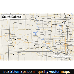 A map of South Dakota with major places, roads and county borders