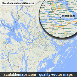 A map of the Stockholm metropolitan area with major places and roads