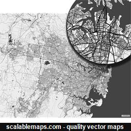 A black & white, no labels high-detailed map of Sydney metropolitan area