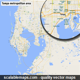 A map of the Tampa metropolitan area with major places and roads