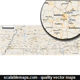 A map of Tennessee with major places, roads and county borders