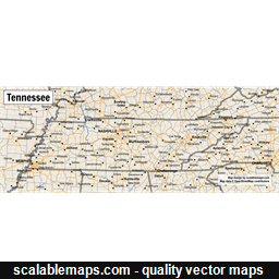 A map of Tennessee with major places, roads and county borders