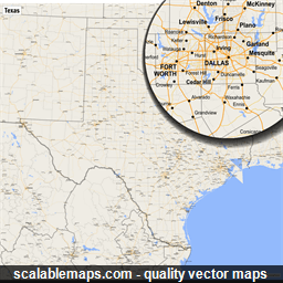 A map of Texas with major places, roads and county borders