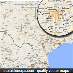 A map of Texas with major places, roads and county borders