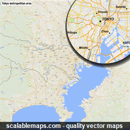 A map of Tokyo metropolitan area with major places and roads