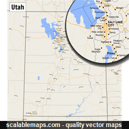 A map of Utah with major places, roads and county borders