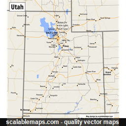 A map of Utah with major places, roads and county borders