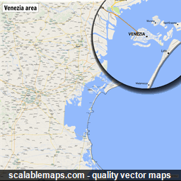A map of the area around Venezia with major places and roads